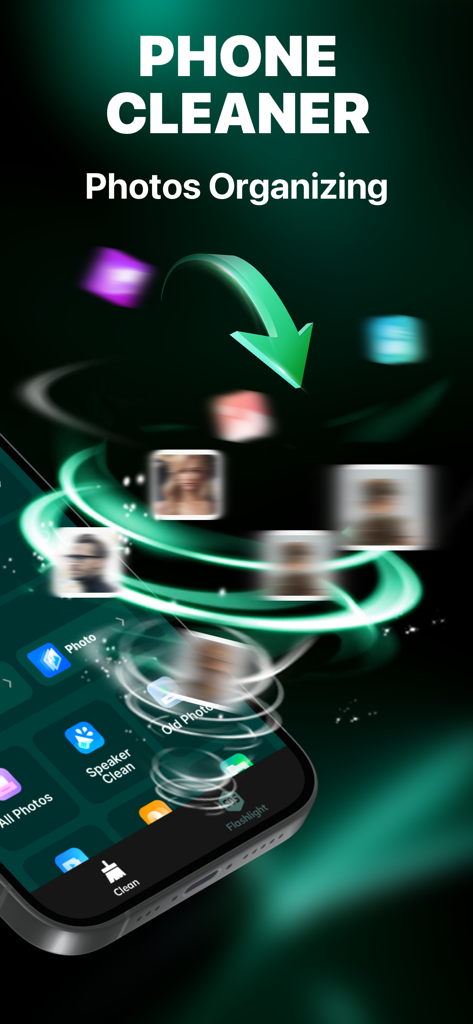 Pics Clean:Similar Photo Clean - Smartphone displaying Pics Clean app interface for photo organization and phone cleaning with a green swirl effect