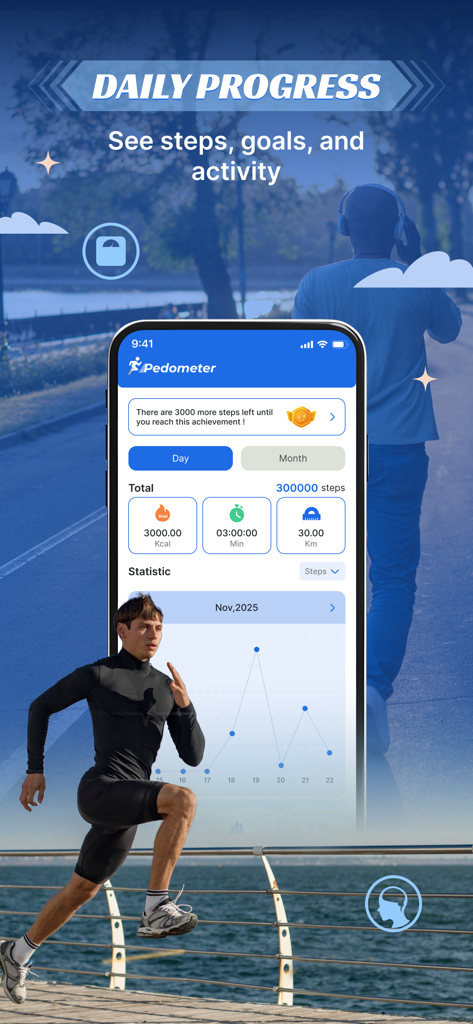 Schermata dei progressi giornalieri dell'app Walk Log che mostra passi, calorie, distanza e grafici di attività mensili