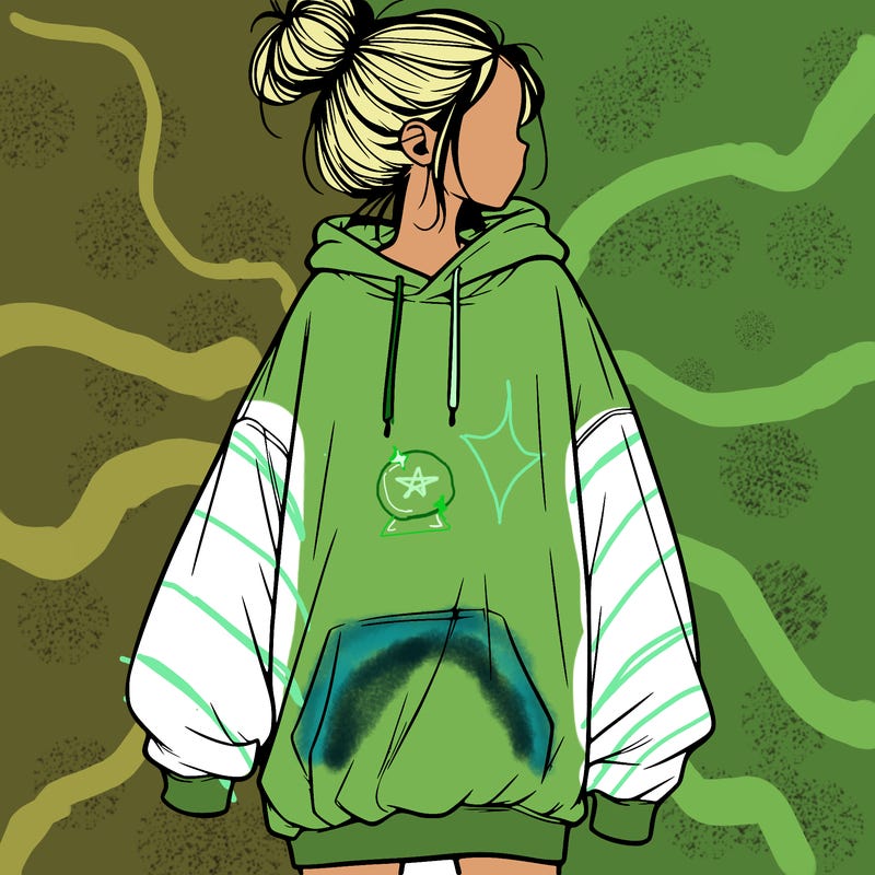 realistic girl with a oversized sweatshirt on and a bun