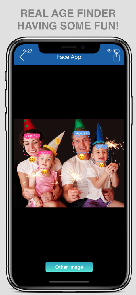 Mobile app screenshot showing AI face age detection and emotion emojis on a family group photo at a party