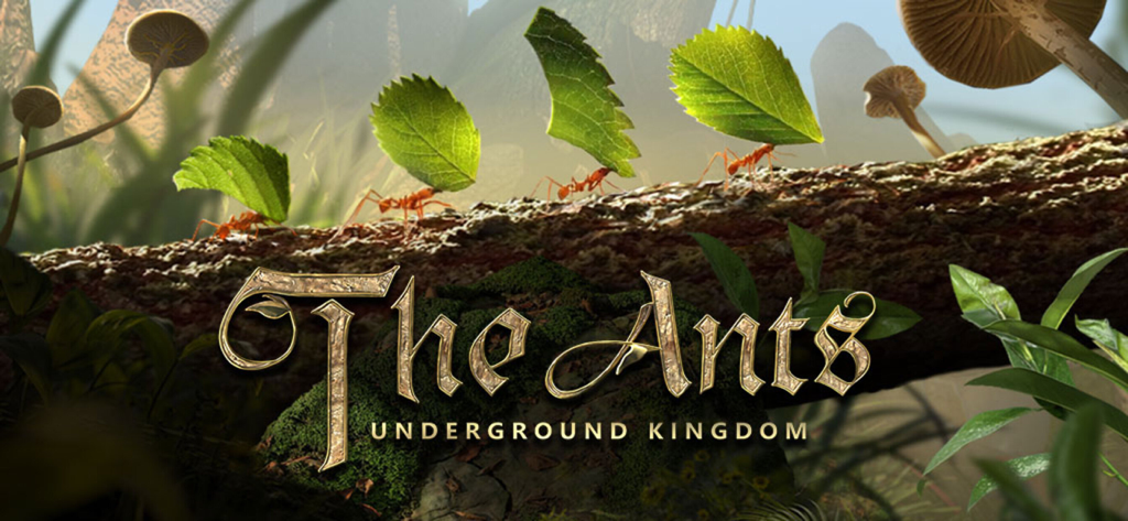 Ants carrying leaves on a branch with the game title The Ants Underground Kingdom