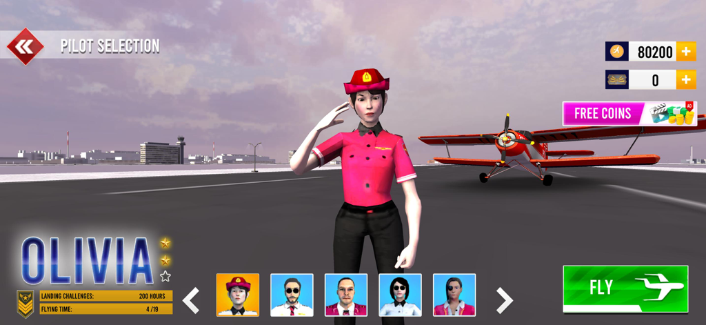 Airplane Sky Adventure 2025 - Pantalla de selección de piloto en Airplane Sky Adventure 2025 con el personaje piloto Olivia con uniforme rojo saludando junto a un avión de hélice rojo.
