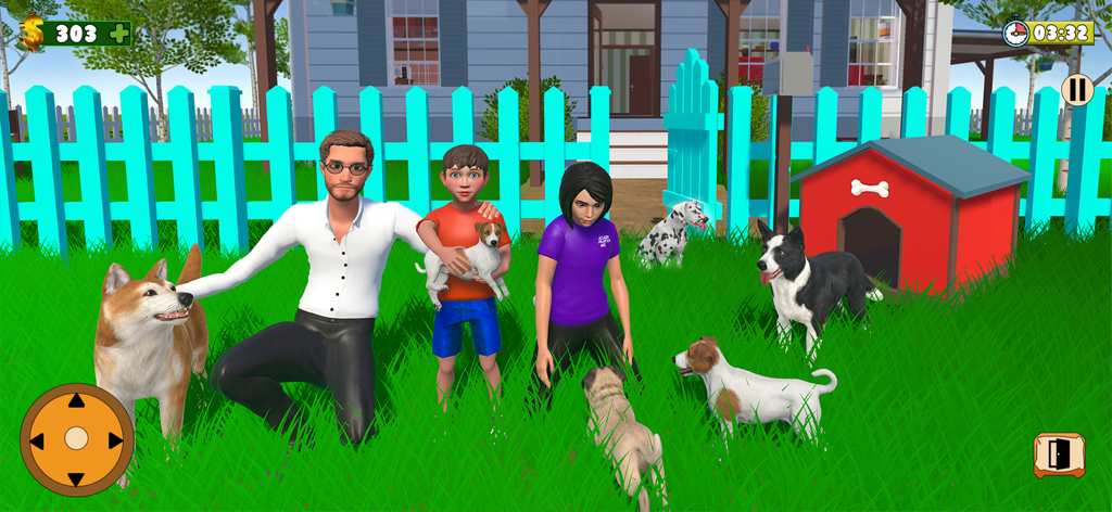 Pet Dog Simulator - Pet Vet - A group of 3D characters and various dog breeds in a backyard scene from the Pet Dog Simulator game.