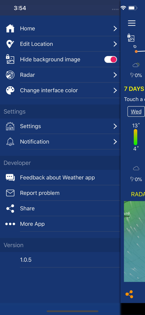 Accurate Weather forecast pro - Navigation menu of the Accurate Weather forecast pro app featuring settings radar and location options