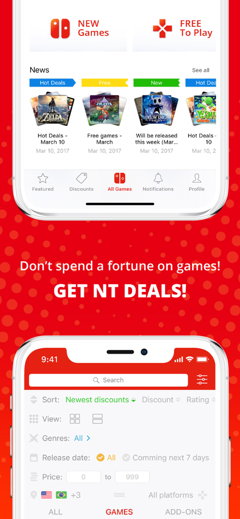 NT Deals - NT Deals app interface showing discounted Nintendo games and search filter options on an iPhone screen