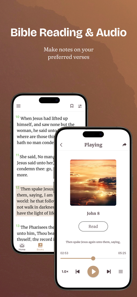 Bible Offline - KJV Holy Bible - Interface of the KJV Bible app showing text reading and audio player features