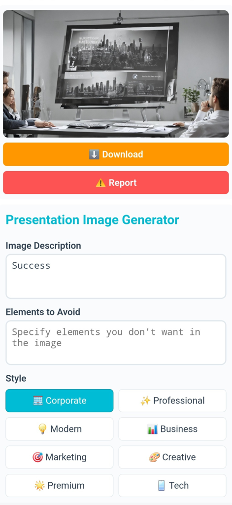 Napkin AI app interface showing image generation options for corporate and professional styles.