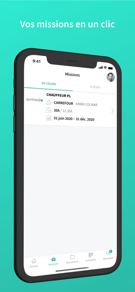 Armado - Armado mobile app interface displaying a current work mission for a heavy truck driver