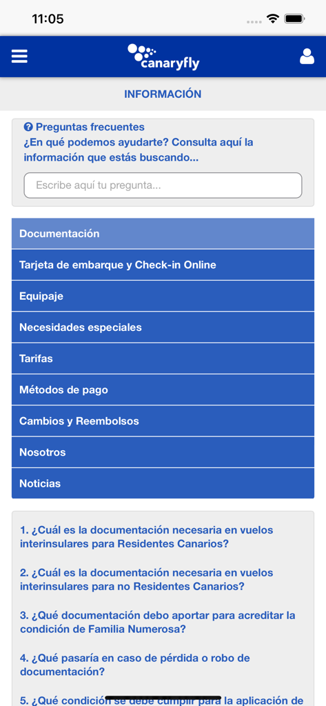 Canaryfly - Pantalla de información de la app Canaryfly mostrando las preguntas frecuentes y las categorías de viaje