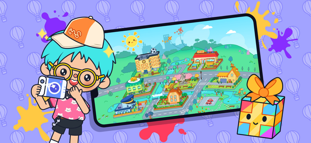 Terra World: Avatar Maker Life - Un personaje de dibujos animados sosteniendo una cámara junto a un teléfono inteligente que muestra un mapa vibrante de la ciudad en Terra World.