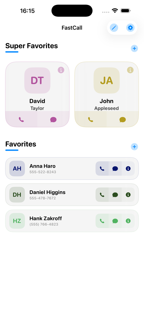 Fast Calls - Tableau de bord de l'application Fast Calls montrant des cartes Super Favoris et une liste de contacts pour une numérotation et une messagerie rapides.
