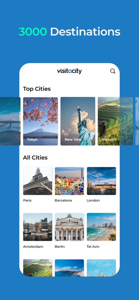 Visit A City - Visit A City app interface displaying popular travel destinations like Tokyo and New York
