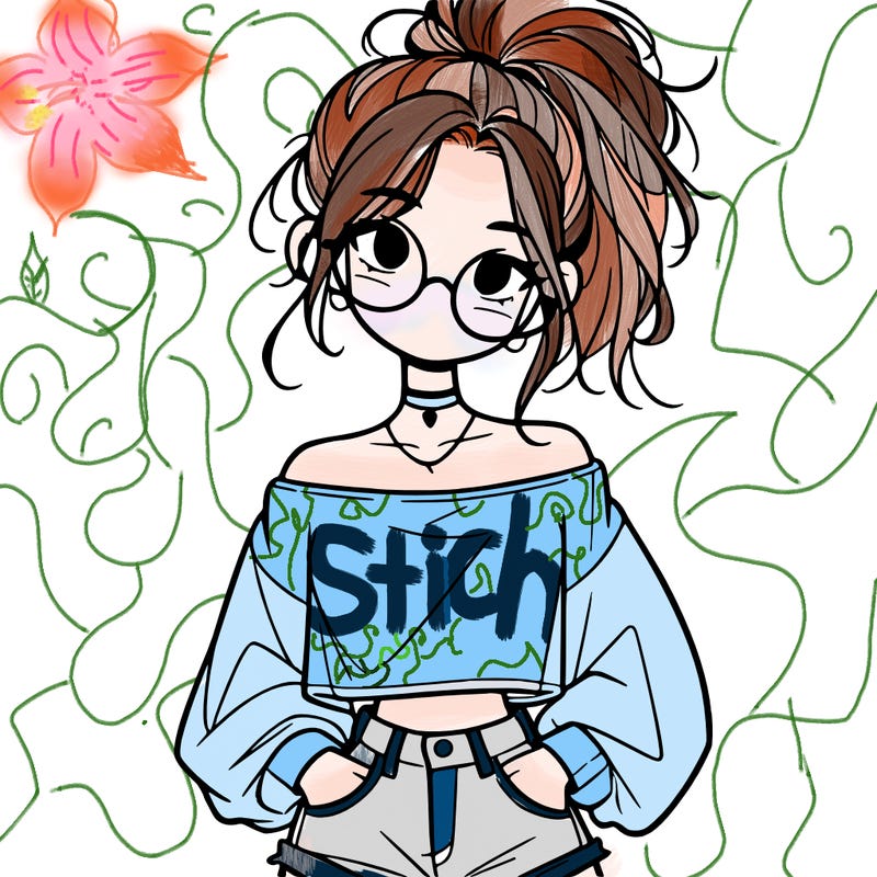 girl with a messy ponytail glasses a baggy crop top and jean shorts