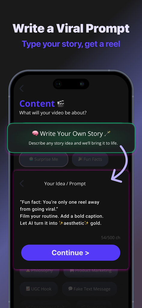 AIリールメーカーアプリの画面。テキストから動画を生成するためのバイラルプロンプトの書き方を示す