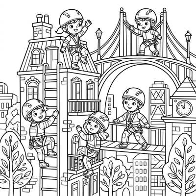 Get ready for an exciting city adventure with our Urban Climbers coloring page for kids! Young explorers in helmets and harnesses are scaling buildings and bridges, just waiting for your vibrant colors.