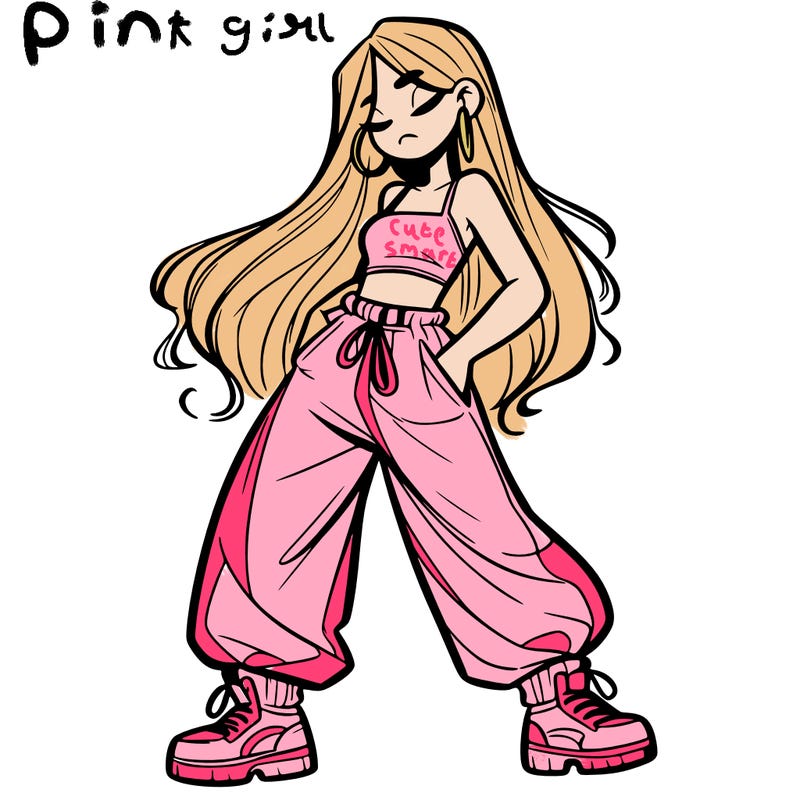 girl in baggy pants crop top and long hair