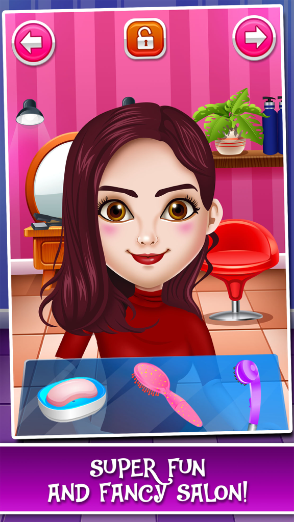 High School Prom Salon: Spa, Makeover, and Make-Up Beauty Game for Little Kids (Boys & Girls) - A young girl character in a beauty salon with a hairbrush and shower head tool.