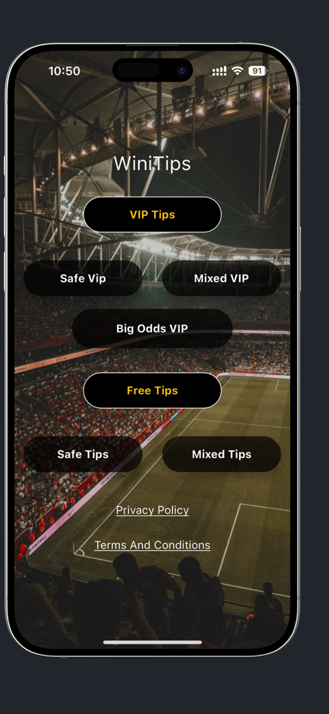 WiniTips:Bet Tips & Prediction - WiniTips app home screen menu showing VIP and free betting tips options with a soccer stadium background