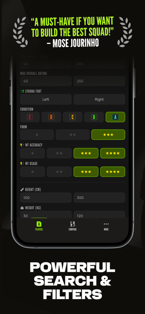 A screenshot of the eFootBase app displaying advanced search filters for player ratings and attributes.