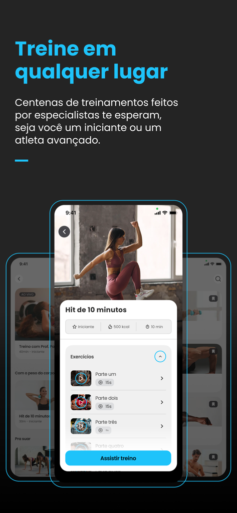 Live Academia Oficial - A smartphone displaying the Live Academia app interface with a ten minute HIIT workout routine including exercise videos and duration