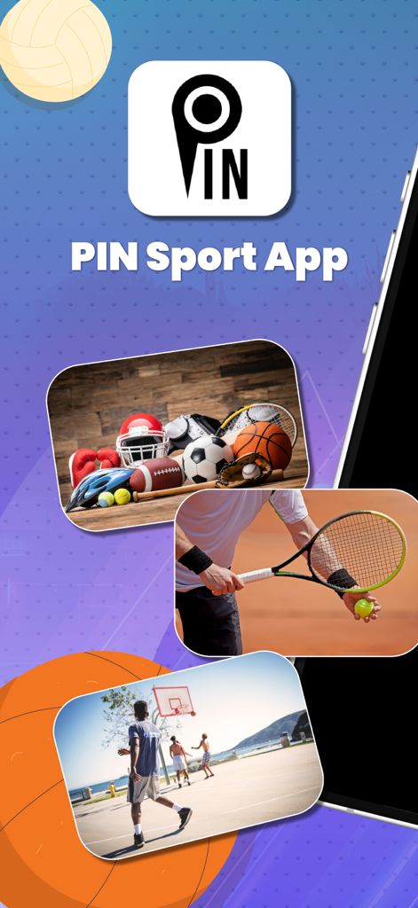 PIN Sport App logo and images of tennis, basketball, and various sports equipment