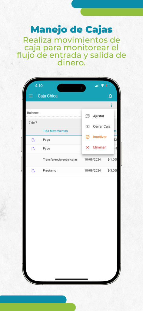 PrestamistApp 3.0 - Interface móvel do PrestamistApp mostrando gerenciamento de fluxo de caixa e registros de transações de caixa pequeno