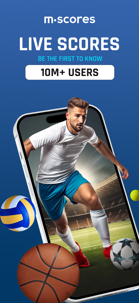 Werbebildschirm der M Scores Live-Score-App mit einem Fußballspieler auf einem Smartphone mit Live-Sport-Ergebnistext