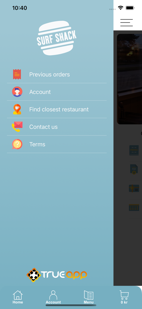 Surf Shack App - The account navigation menu of the Surf Shack mobile app showing options for previous orders and restaurant location.