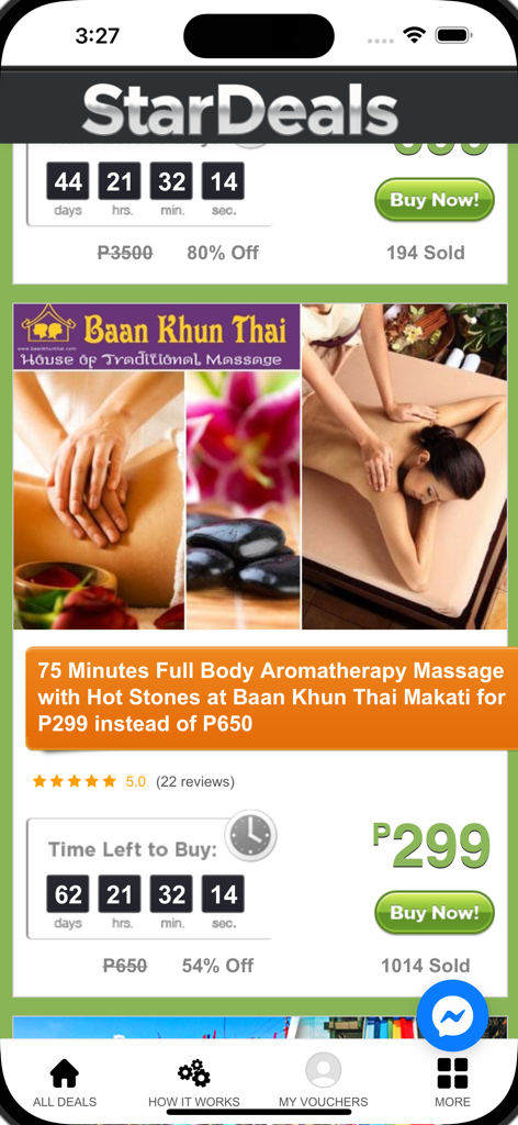 Smartphone screen displaying the StarDeals app with a massage promo and countdown timer.
