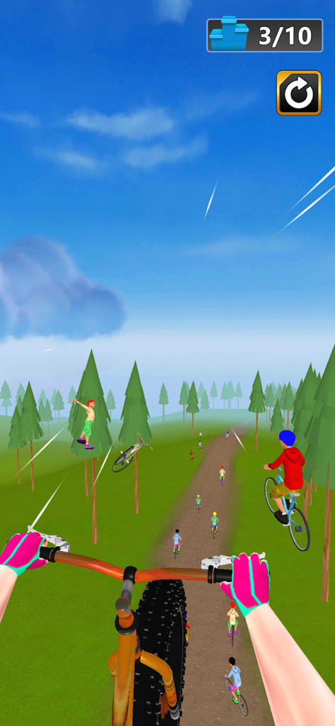 Bike Master: Cycle Racing Game - 森のダートトラックでの自転車レースの一人称視点。