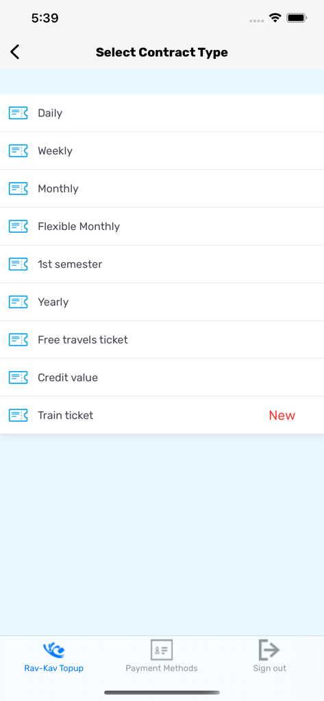 Hopon Rav-Kav טעינת רב-קו - Mobile app screen displaying various transit contract options for the Rav-Kav card including daily weekly and monthly passes