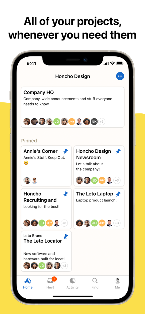 Mobile Benutzeroberfläche der Basecamp-App mit einem zentralen Projekt-Dashboard und angehefteten Elementen