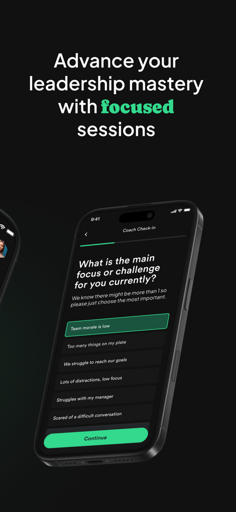 Bunch - Daily Leadership Coach - Bunch app interface showing a coach check-in screen with a list of management challenges such as low team morale and difficult conversations.