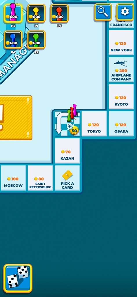 Hotel Manager Multiplayer - Vista cenital del tablero del juego Hotel Manager con casillas de ciudades como Tokio y Nueva York y fichas de jugador