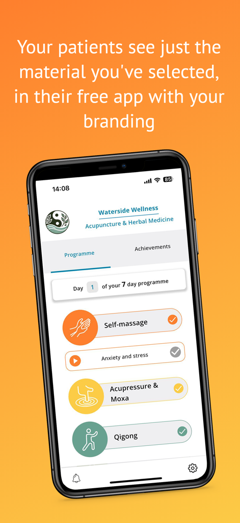 Interfaz de la aplicación Jing que muestra un programa de autocuidado para pacientes de marca del profesional con actividades como Qigong y digitopresión
