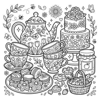 Step into a charming spring tea party with this intricate coloring page, brimming with delightful digital food art. Discover a beautifully illustrated scene featuring floral teaware, a fancy cake, and sweet treats, all ready for your creative touch.