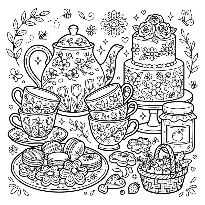 Step into a charming spring tea party with this intricate coloring page, brimming with delightful digital food art. Discover a beautifully illustrated scene featuring floral teaware, a fancy cake, and sweet treats, all ready for your creative touch.