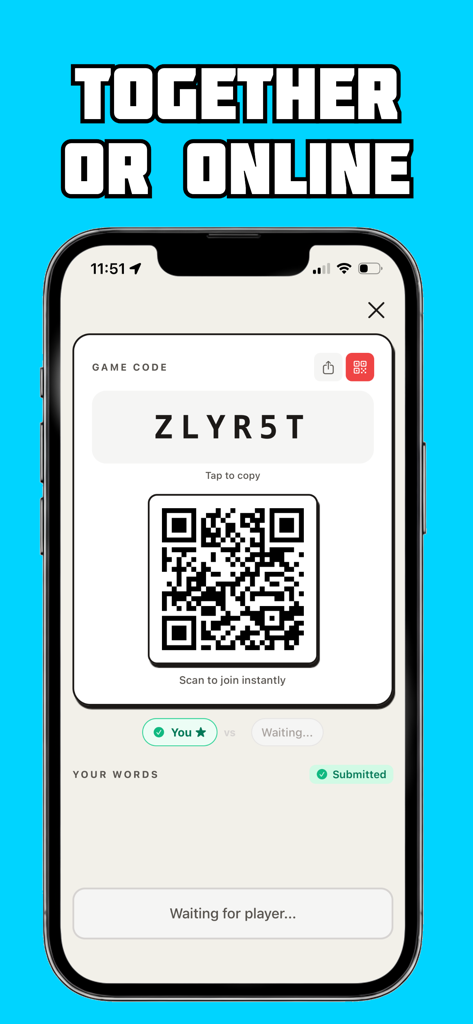 Word Chain Game Challenge - Smartphone-Bildschirm, der einen QR-Code und einen sechsstelligen Spielcode anzeigt, um an einer Online-Multiplayer-Worträtselsitzung teilzunehmen
