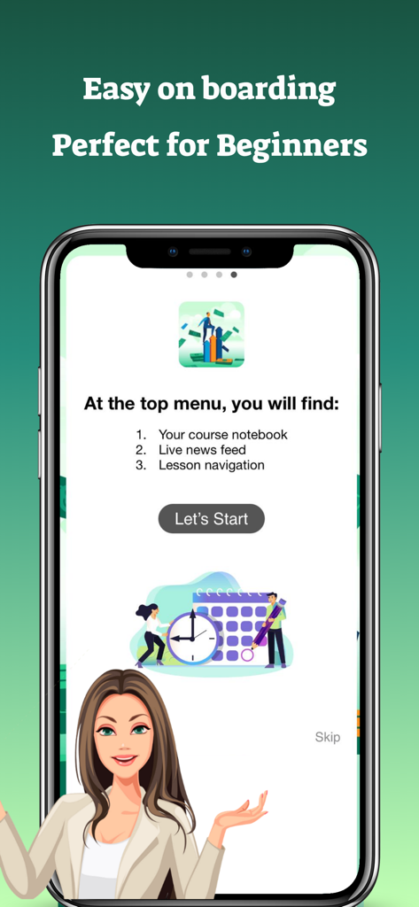 Dropshipping Full Course - Dropshipping app onboarding screen for beginners showing features like course notebook and lesson navigation.