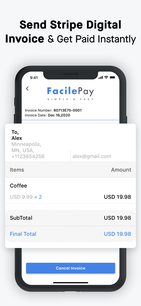 Mobile app interface of FacilePay showing a digital invoice for Stripe payments