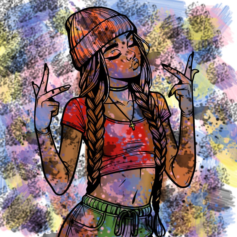 realistic teenage girl with braids and a beanie and crop top doing 🫶🏼