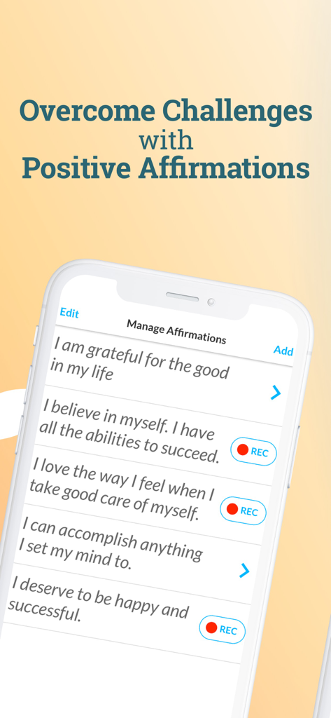 ThinkUp: Gift Premium - Pantalla de la aplicación ThinkUp que muestra afirmaciones positivas con opciones para grabarlas con su propia voz