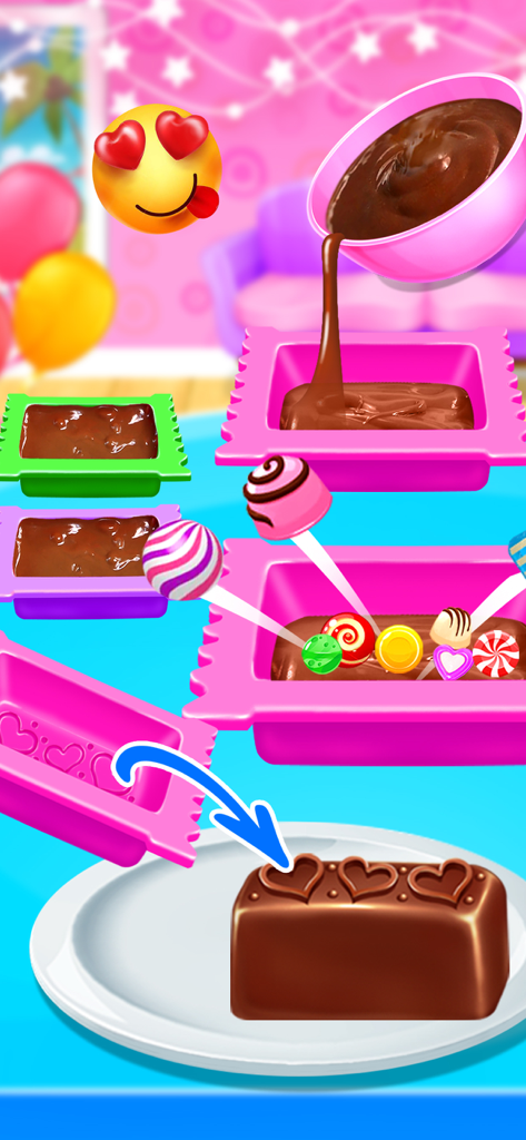 Candy Maker - Sweet Desserts - Virtual candy making game showing chocolate pouring into molds and a finished heart decorated dessert