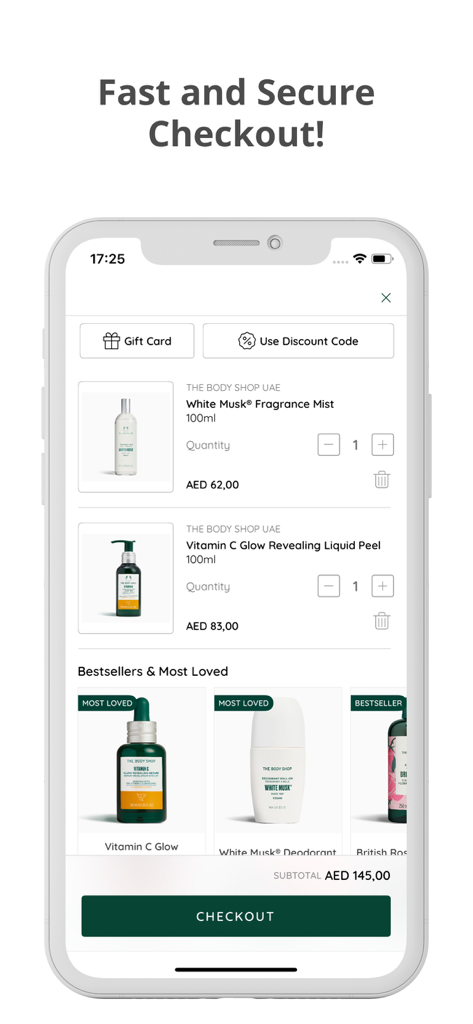 The Body Shop UAE - Warenkorbansicht der App The Body Shop UAE mit Hautpflegeprodukten und einer Checkout-Schaltfläche.