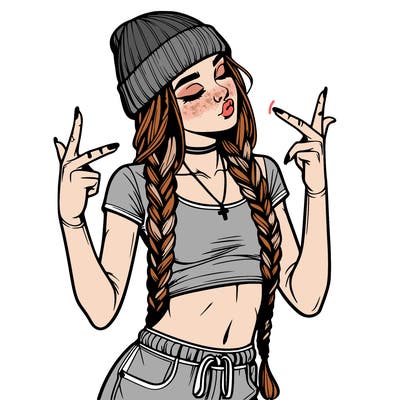 realistic teenage girl with braids and a beanie and crop top doing 🫶🏼