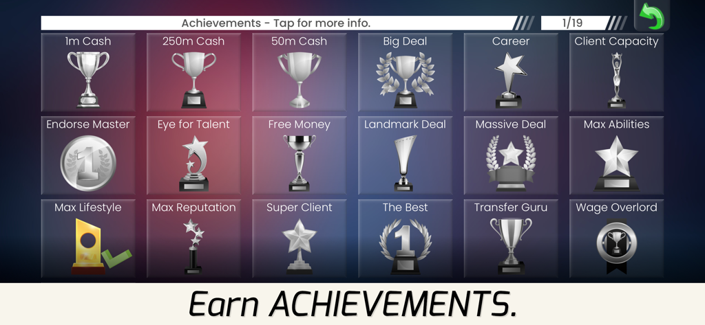 Superstar Football Agent - A menu grid displaying various trophy and medal icons for unlockable in-game achievements in Superstar Football Agent.