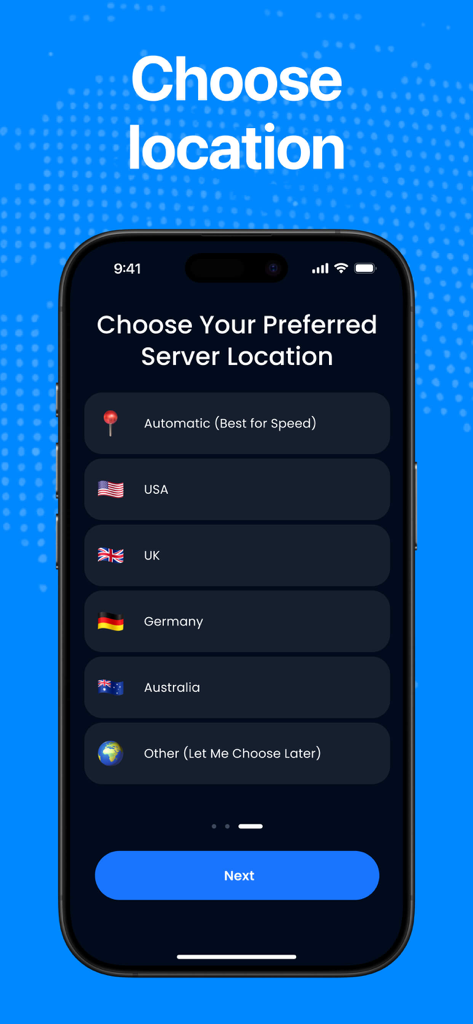Secure & Rapid VPN - Secure and Rapid VPN app interface showing server location selection including USA UK and Germany