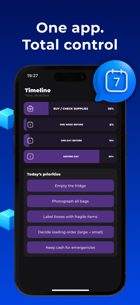 My PосkеtОptiоn : Smart list - Interface do aplicativo MoveReady mostrando um cronograma de mudança e uma lista de prioridades de hoje para uma realocação