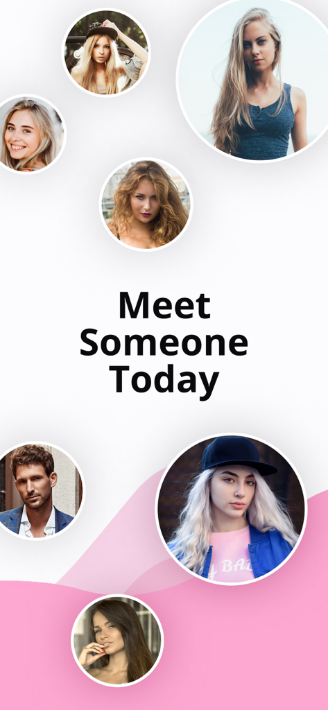 Eine mobile App-Oberfläche für Video Line, die den Text „Triff noch heute jemanden“ zeigt, umgeben von kreisförmigen Profilbildern von verschiedenen jungen Erwachsenen.