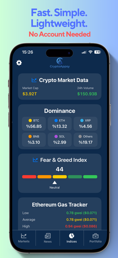 CryptoAppsy: BTC, Coin Tracker - CryptoAppsy dashboard showing market cap coin dominance fear and greed index and Ethereum gas tracker